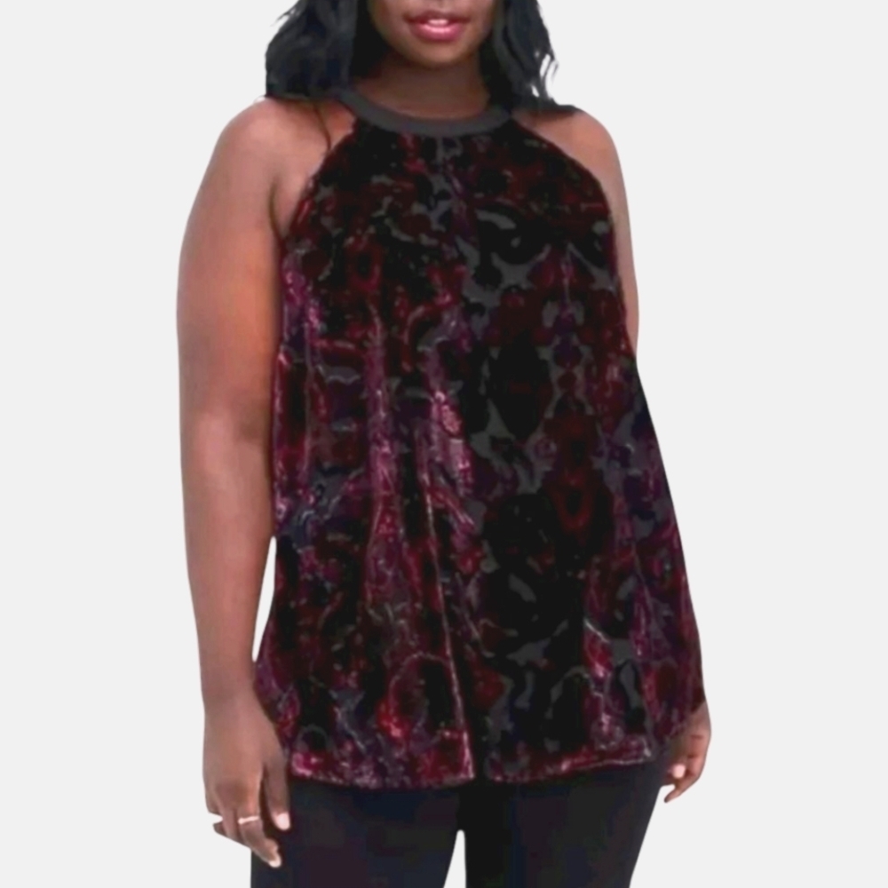 Torrid Velvet Halter -Top Black and Burgundy Paisley Print With Tunic Length 4X